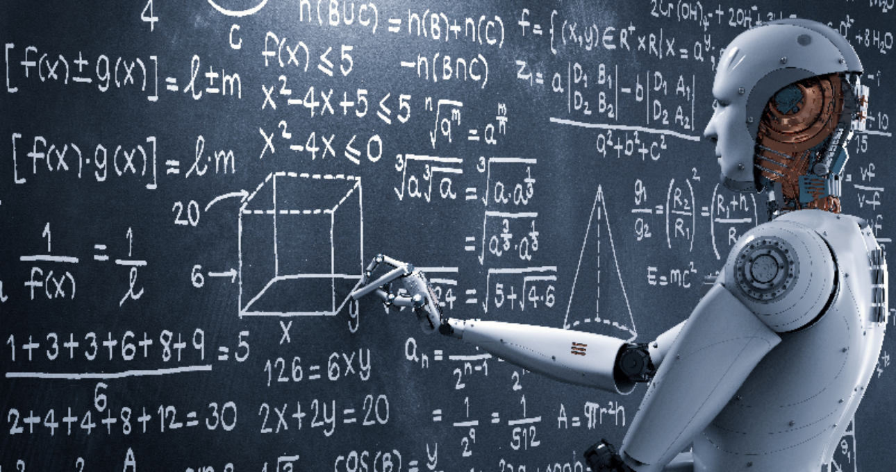 Robot at blackboard showing Artificial intelligence