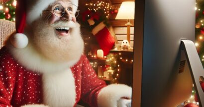 Father Christmas overjoyed at his computer