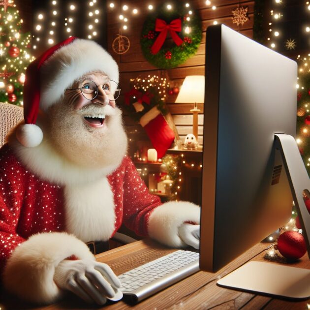 Father Christmas overjoyed at his computer